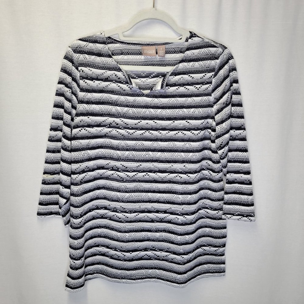 Chico's Women's Size 1 Shirt Top Black White Cutouts 3/4 Sleeve